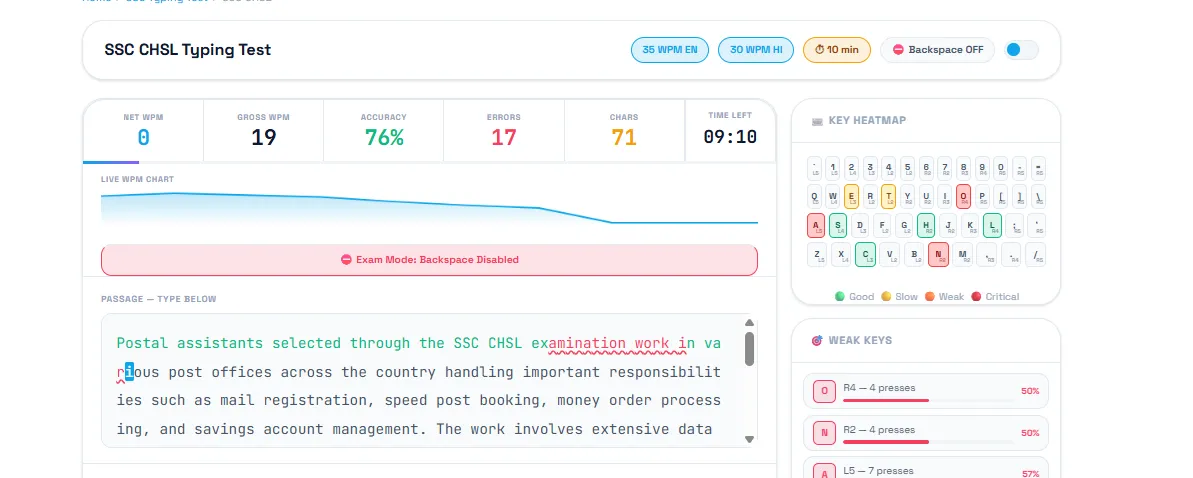 SSC CHSL Typing Test 2026 – LDC Postal Assistant Sorting Assistant Practice