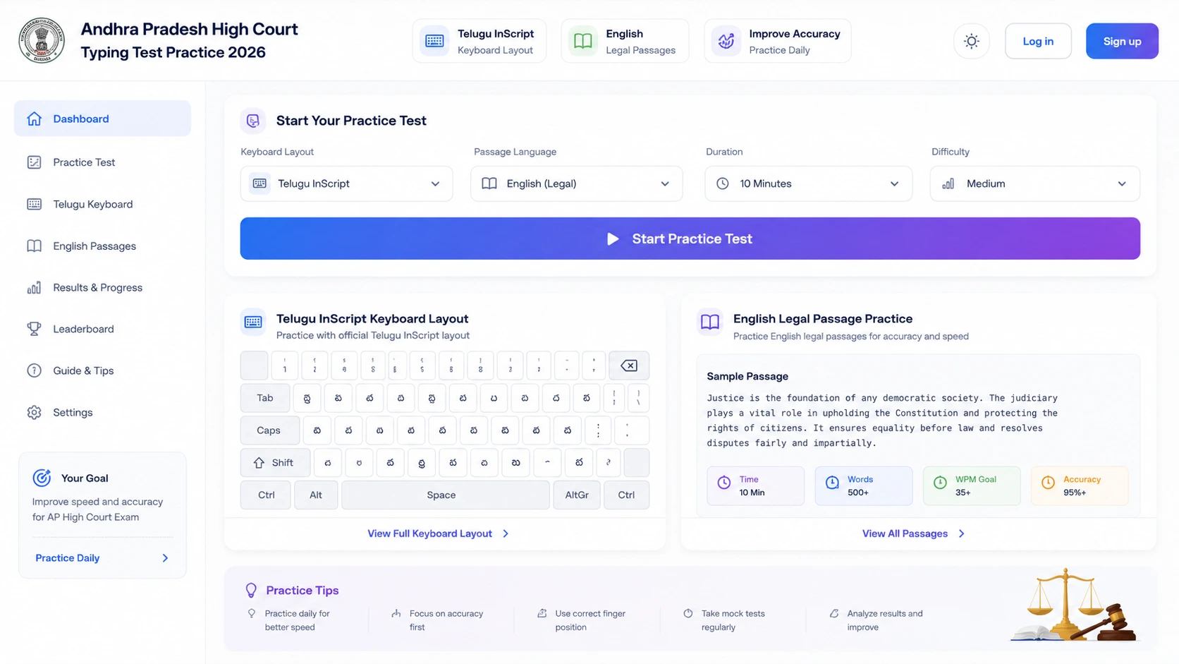 Andhra Pradesh High Court Typing Test Practice — Telugu InScript keyboard layout and English legal passage practice guide 2026