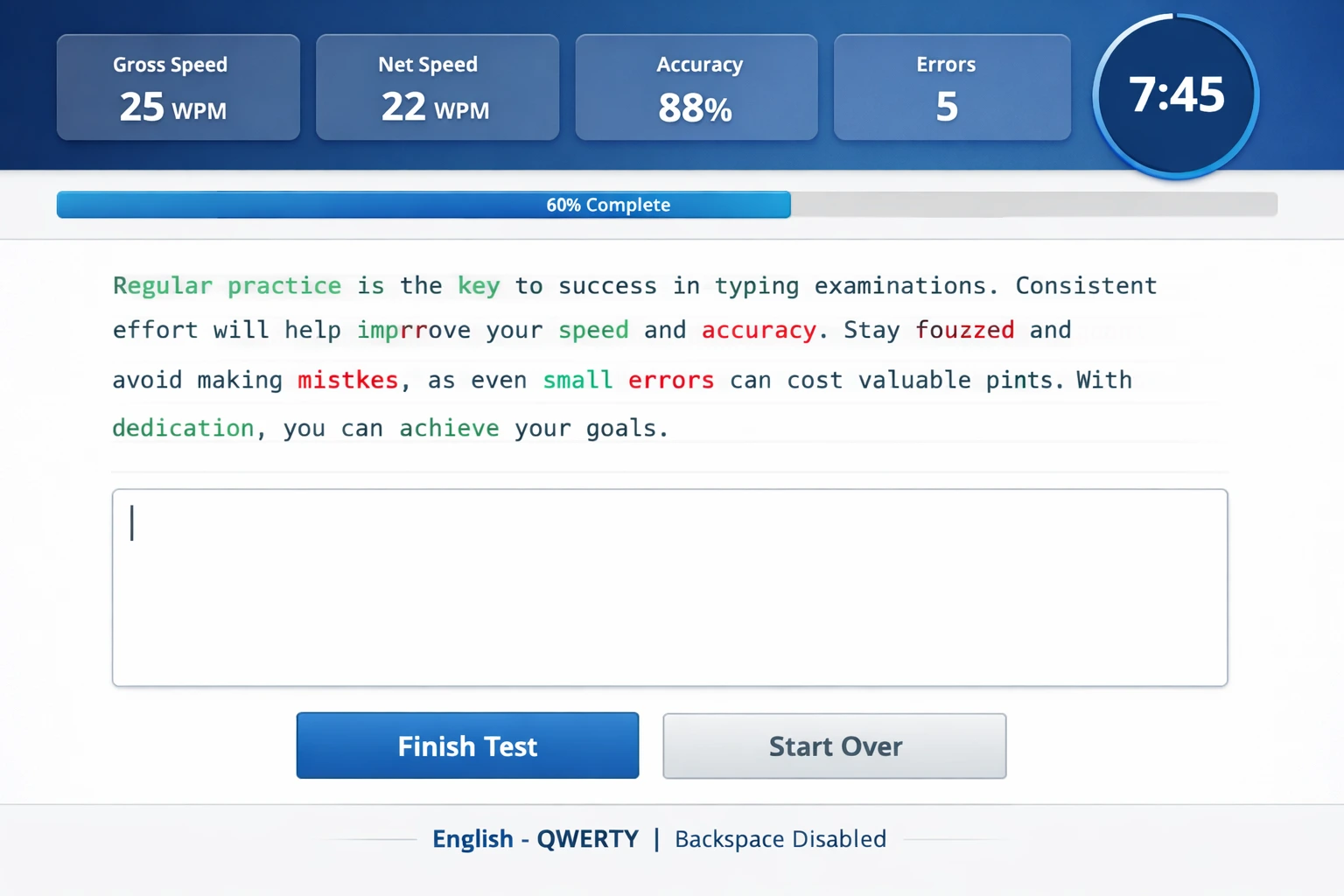 MT Multi Typing Dashboard - Real-time typing test interface with live WPM stats, timer, and progress tracking for SSC Railway government exams